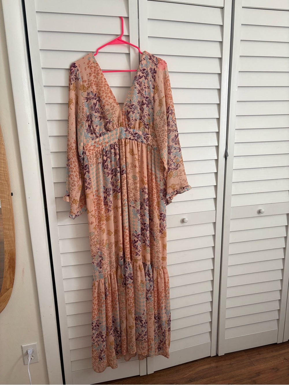 Wayf Peach Floral V-Neck Tiered Maxi Dress